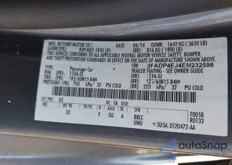 2014 Ford Fiesta Se из США, поврежденный, VIN 3FADP4EJ4EM232598